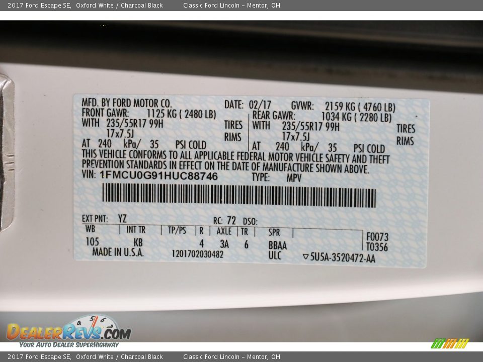 2017 Ford Escape SE Oxford White / Charcoal Black Photo #19