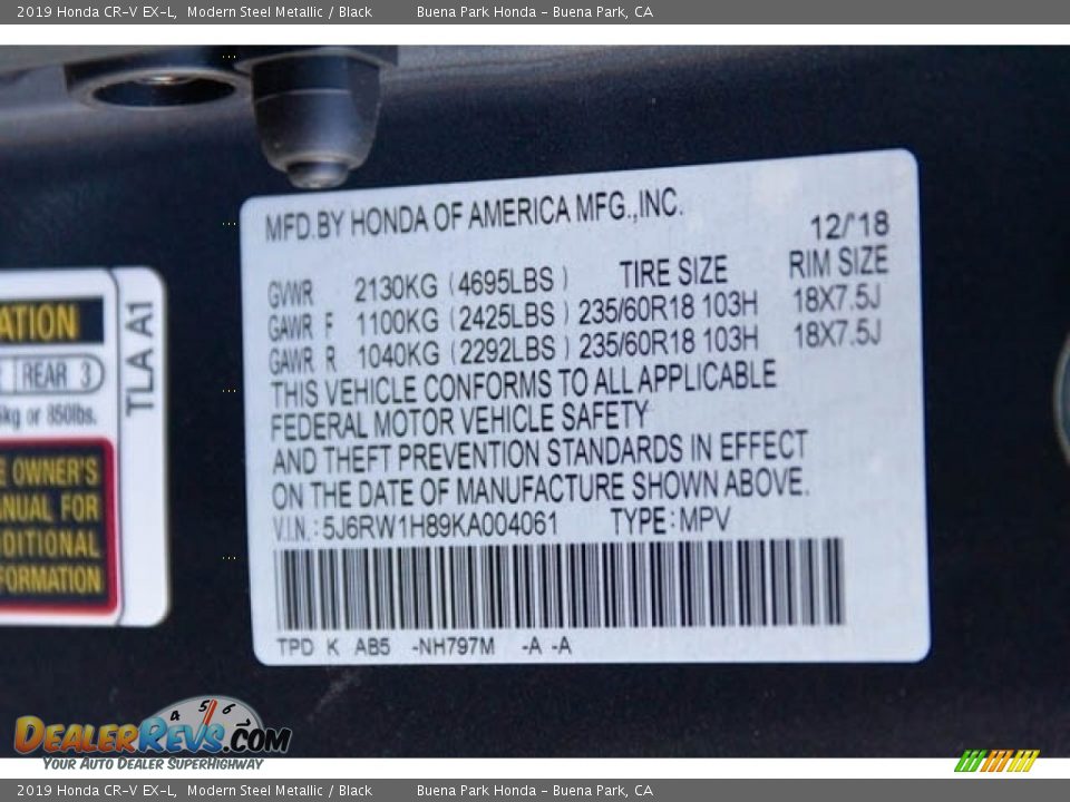 2019 Honda CR-V EX-L Modern Steel Metallic / Black Photo #28