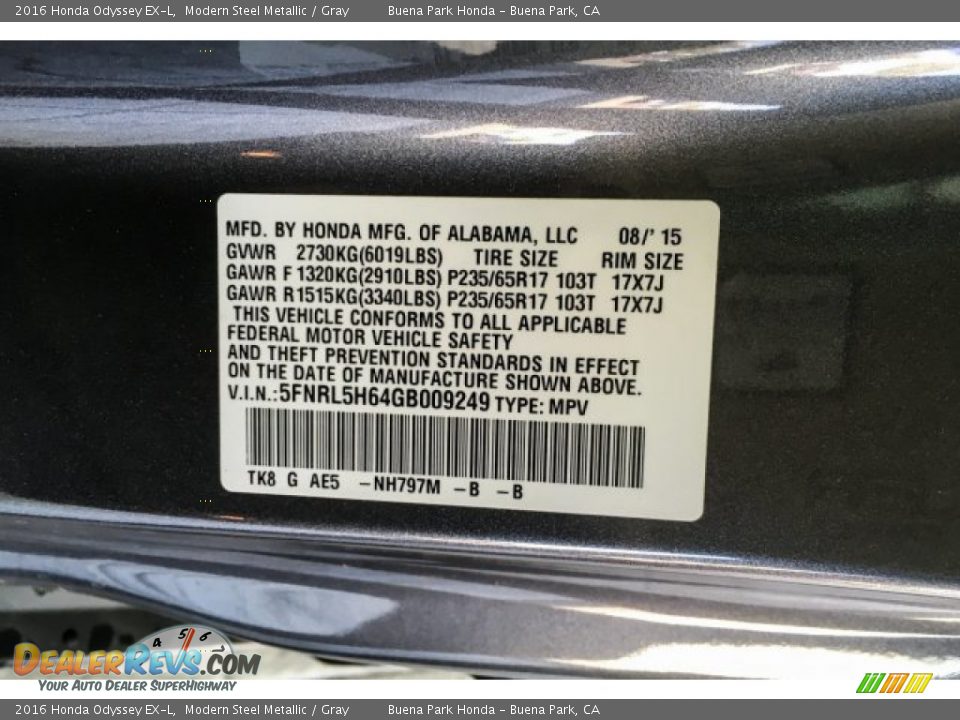 2016 Honda Odyssey EX-L Modern Steel Metallic / Gray Photo #25