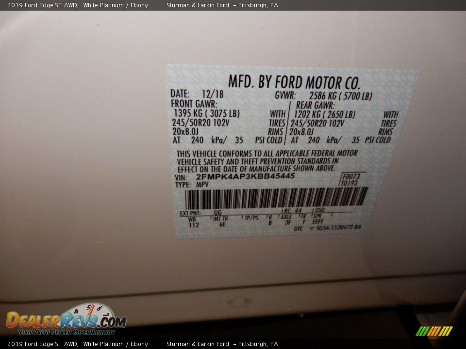 2019 Ford Edge ST AWD White Platinum / Ebony Photo #11