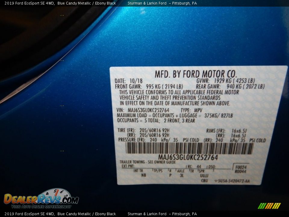 2019 Ford EcoSport SE 4WD Blue Candy Metallic / Ebony Black Photo #11