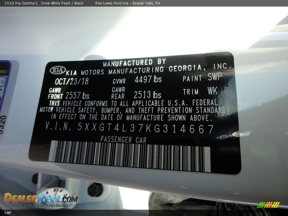 Kia Color Code SWP Snow White Pearl