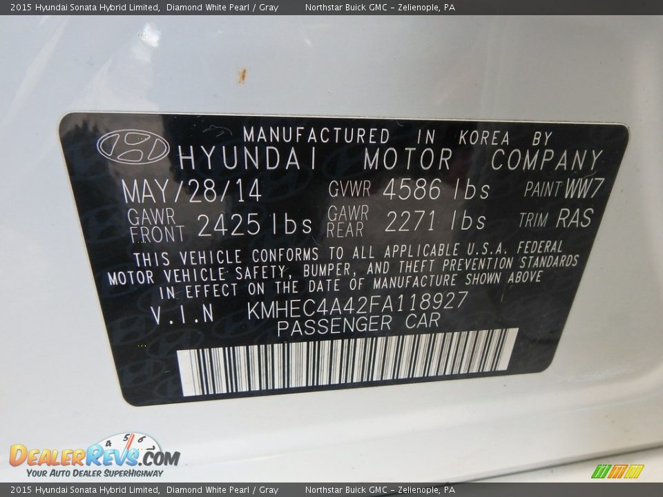 2015 Hyundai Sonata Hybrid Limited Diamond White Pearl / Gray Photo #22