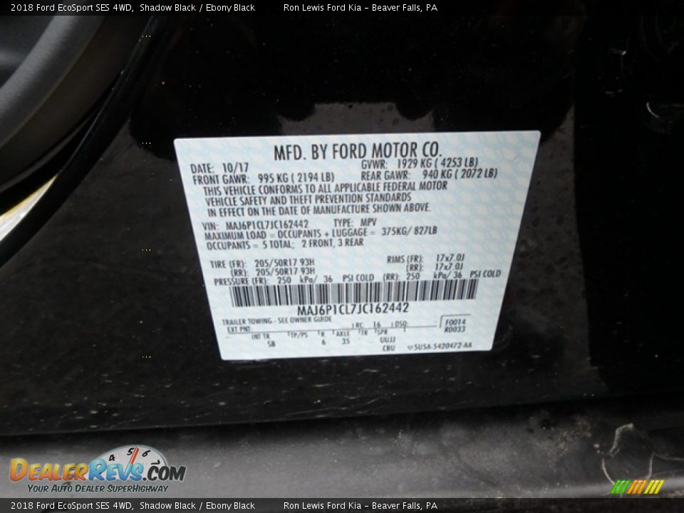 2018 Ford EcoSport SES 4WD Shadow Black / Ebony Black Photo #14