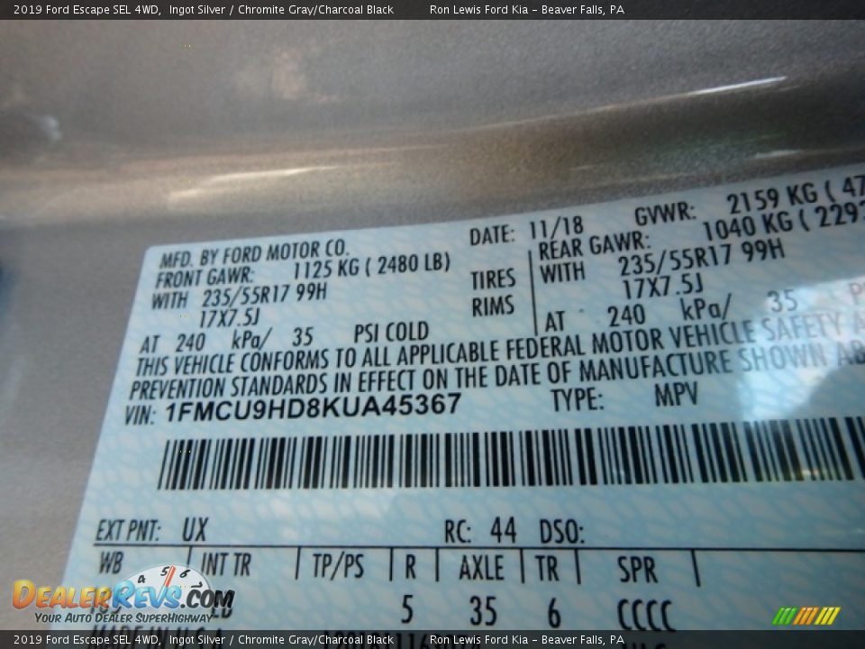 2019 Ford Escape SEL 4WD Ingot Silver / Chromite Gray/Charcoal Black Photo #15