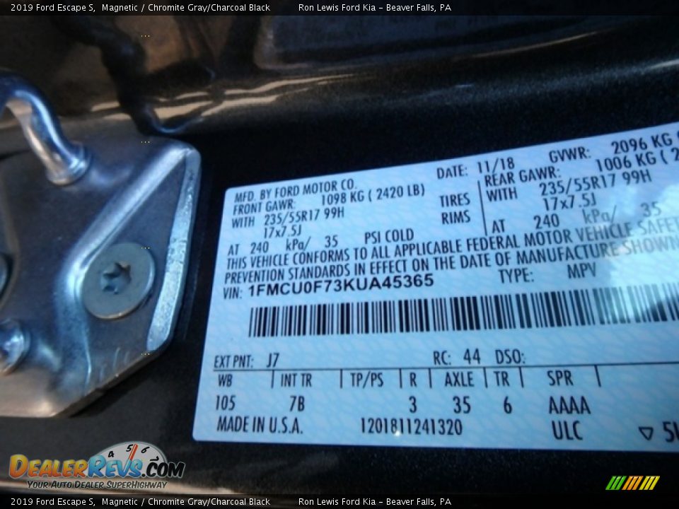 2019 Ford Escape S Magnetic / Chromite Gray/Charcoal Black Photo #15
