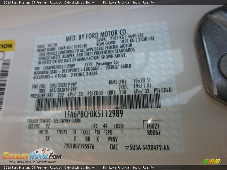 2019 Ford Mustang GT Premium Fastback Oxford White / Ebony Photo #15