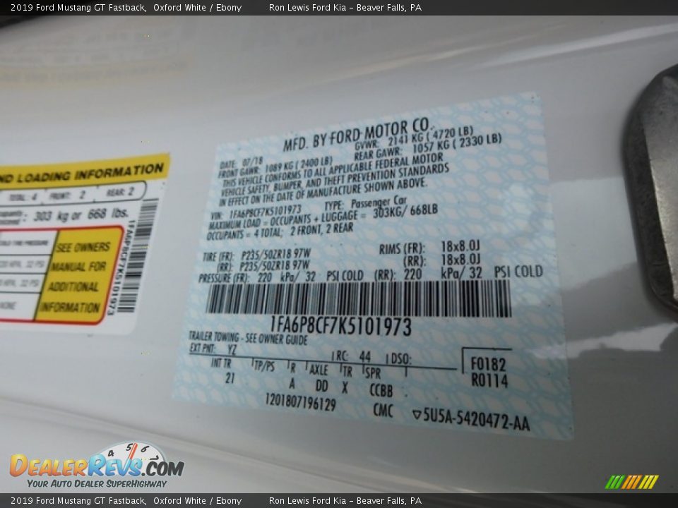 2019 Ford Mustang GT Fastback Oxford White / Ebony Photo #15