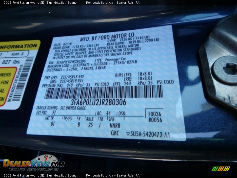 2018 Ford Fusion Hybrid SE Blue Metallic / Ebony Photo #14