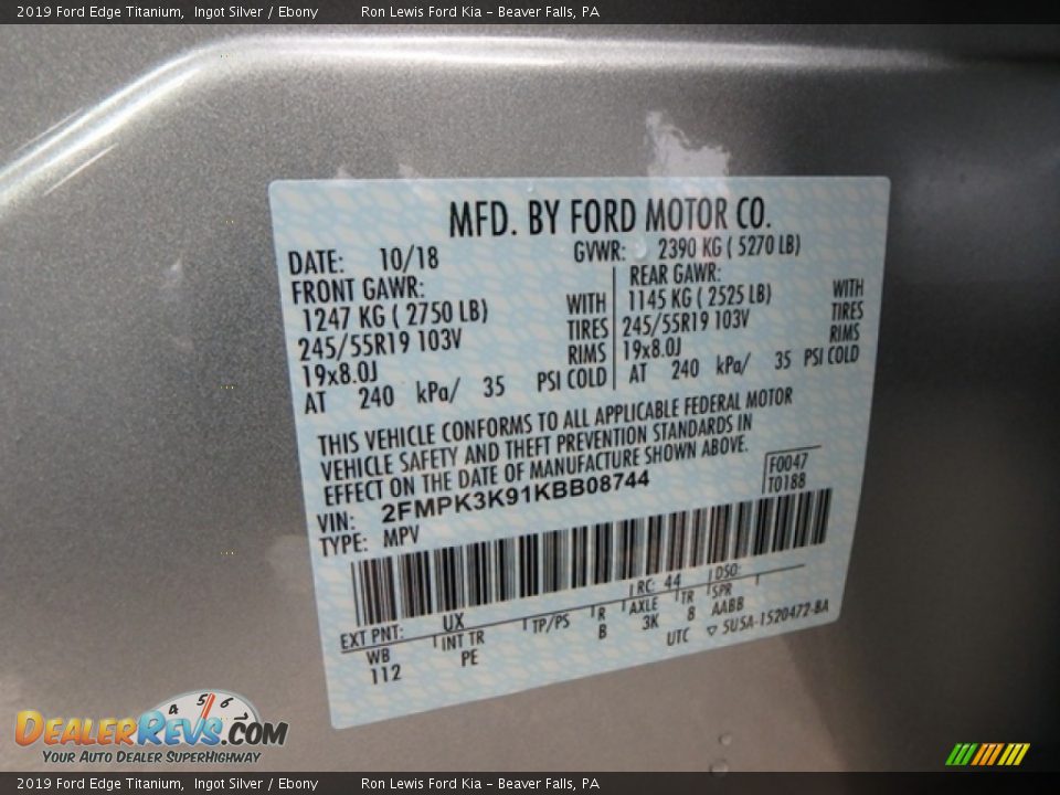 2019 Ford Edge Titanium Ingot Silver / Ebony Photo #15