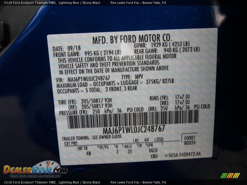 2018 Ford EcoSport Titanium 4WD Lightning Blue / Ebony Black Photo #15