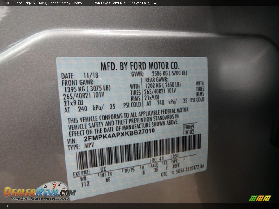Ford Color Code UX Ingot Silver