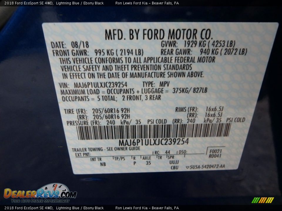 2018 Ford EcoSport SE 4WD Lightning Blue / Ebony Black Photo #16