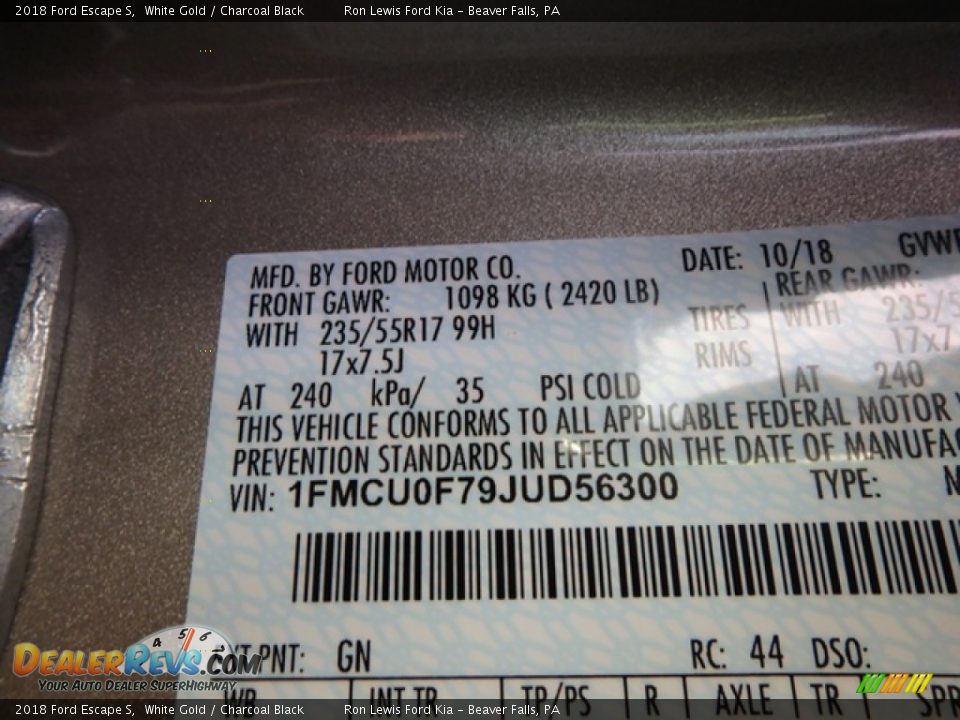 2018 Ford Escape S White Gold / Charcoal Black Photo #15