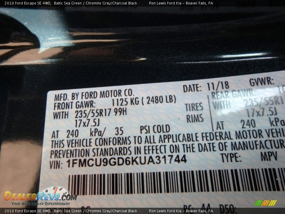 2019 Ford Escape SE 4WD Baltic Sea Green / Chromite Gray/Charcoal Black Photo #16
