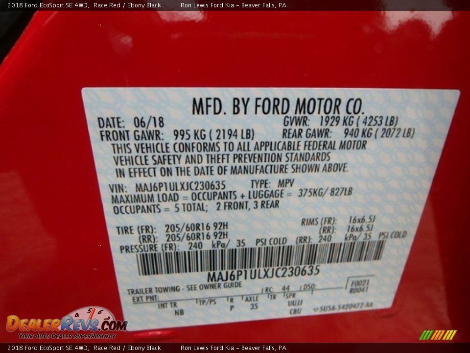 2018 Ford EcoSport SE 4WD Race Red / Ebony Black Photo #16