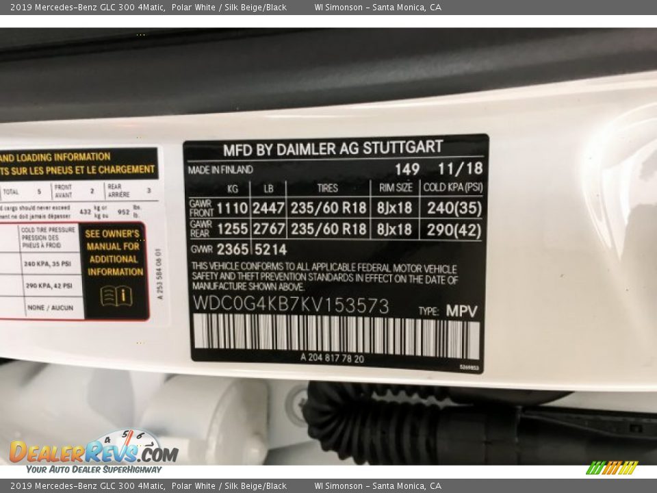 2019 Mercedes-Benz GLC 300 4Matic Polar White / Silk Beige/Black Photo #11