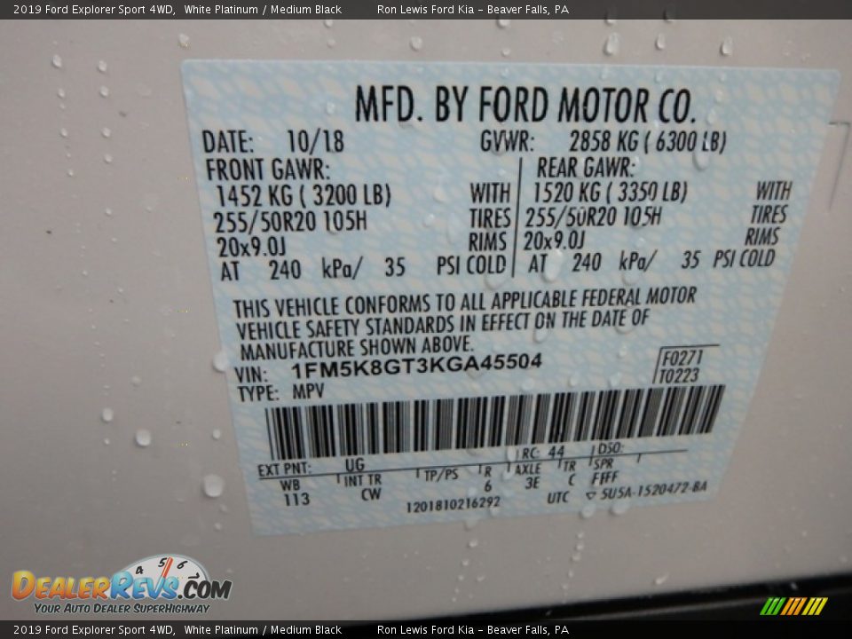 2019 Ford Explorer Sport 4WD White Platinum / Medium Black Photo #16