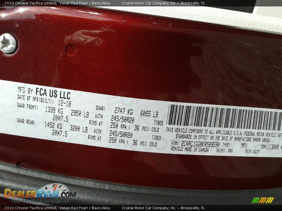 2019 Chrysler Pacifica Limited Velvet Red Pearl / Black/Alloy Photo #22