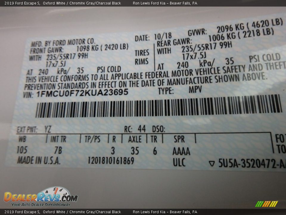 2019 Ford Escape S Oxford White / Chromite Gray/Charcoal Black Photo #15