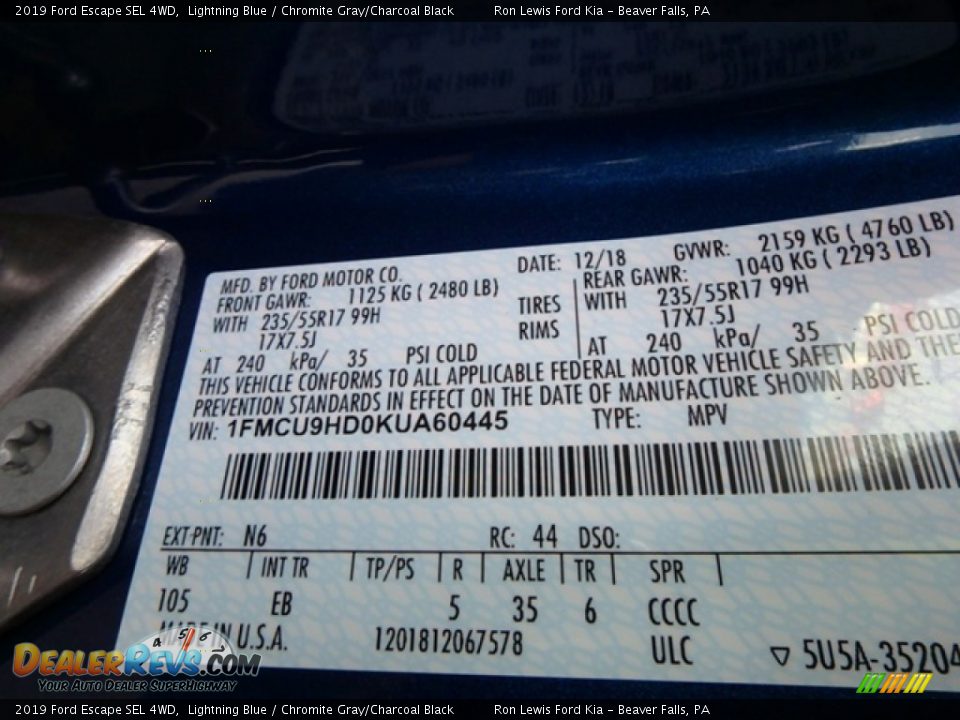 2019 Ford Escape SEL 4WD Lightning Blue / Chromite Gray/Charcoal Black Photo #15