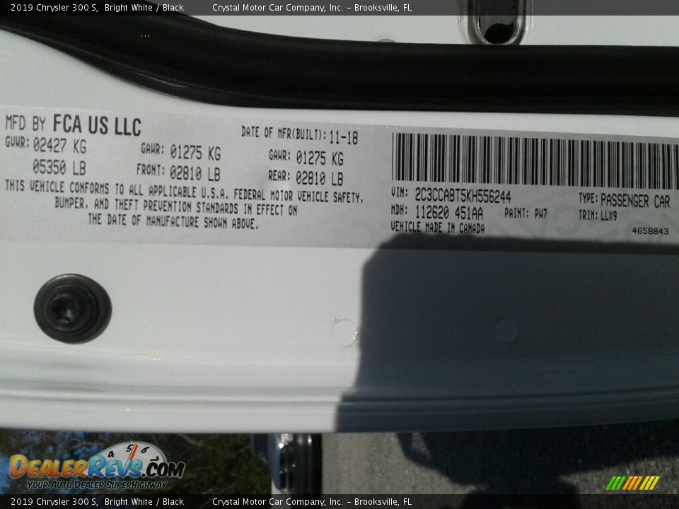 2019 Chrysler 300 S Bright White / Black Photo #22