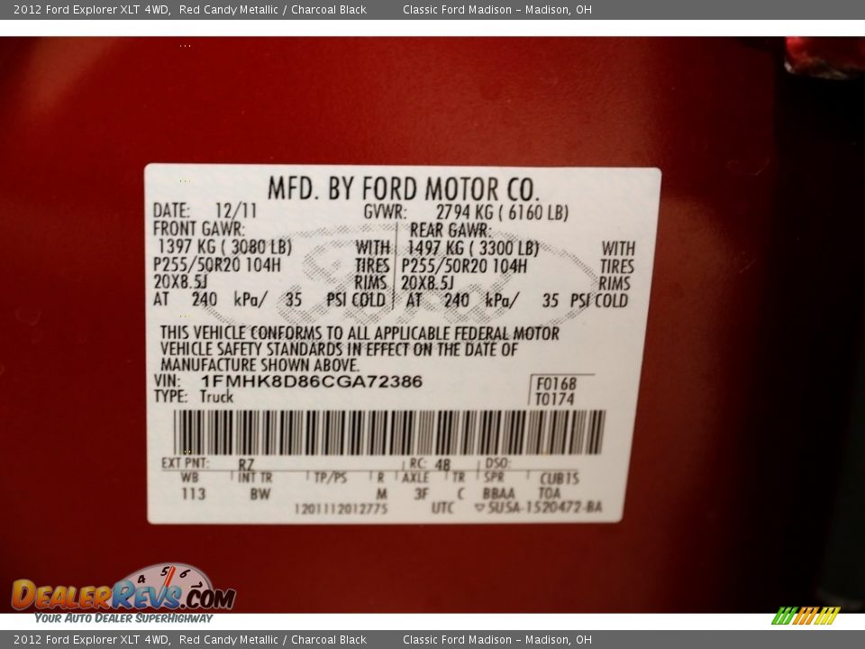 2012 Ford Explorer XLT 4WD Red Candy Metallic / Charcoal Black Photo #23