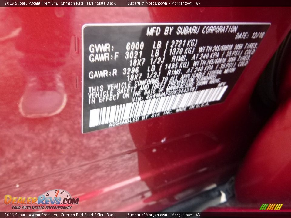 2019 Subaru Ascent Premium Crimson Red Pearl / Slate Black Photo #16