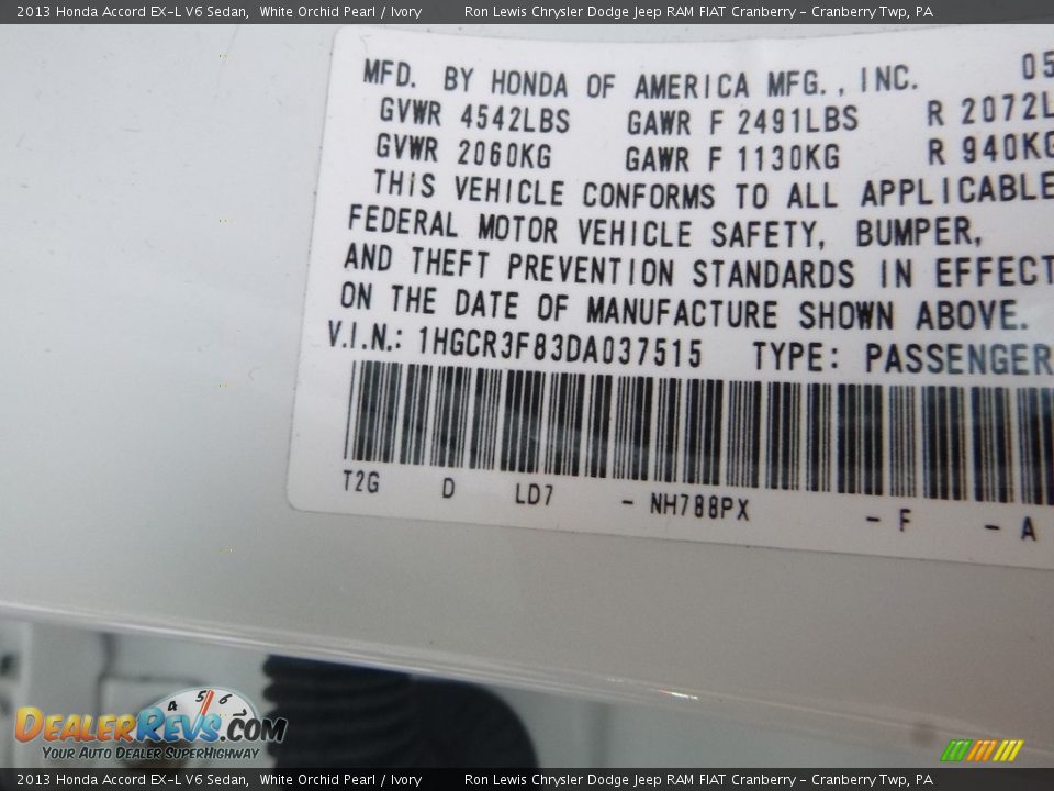 2013 Honda Accord EX-L V6 Sedan White Orchid Pearl / Ivory Photo #15