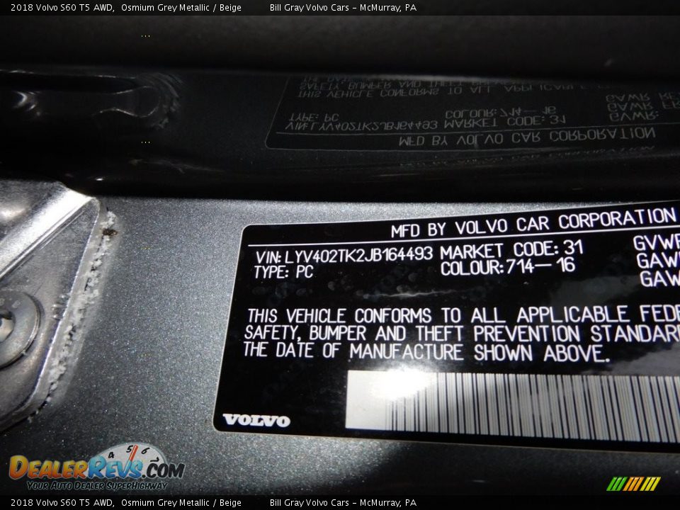 2018 Volvo S60 T5 AWD Osmium Grey Metallic / Beige Photo #15