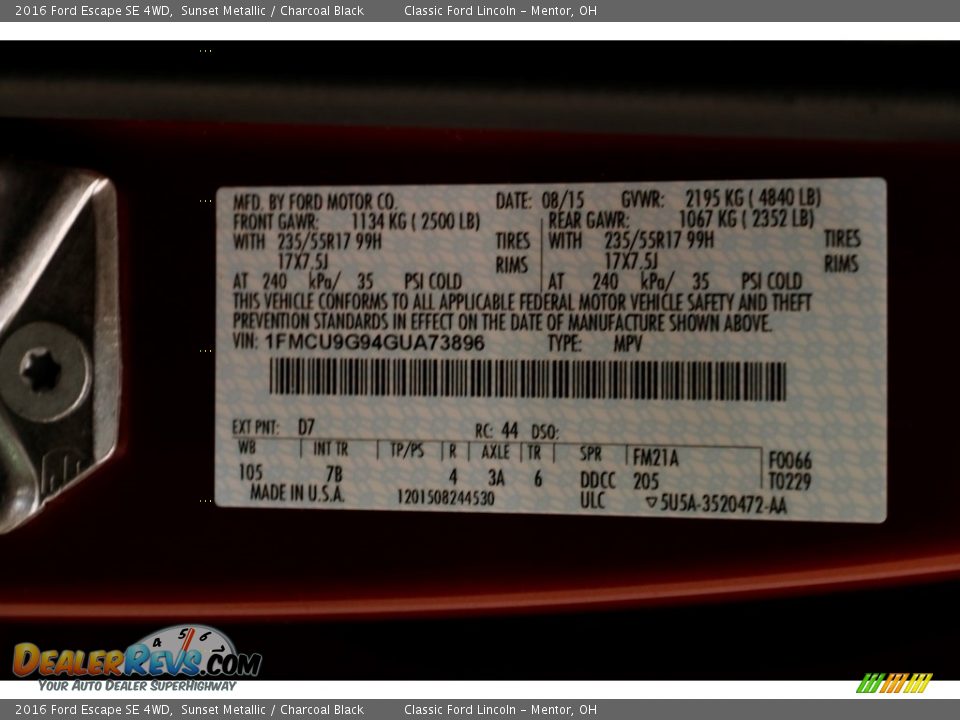 2016 Ford Escape SE 4WD Sunset Metallic / Charcoal Black Photo #17