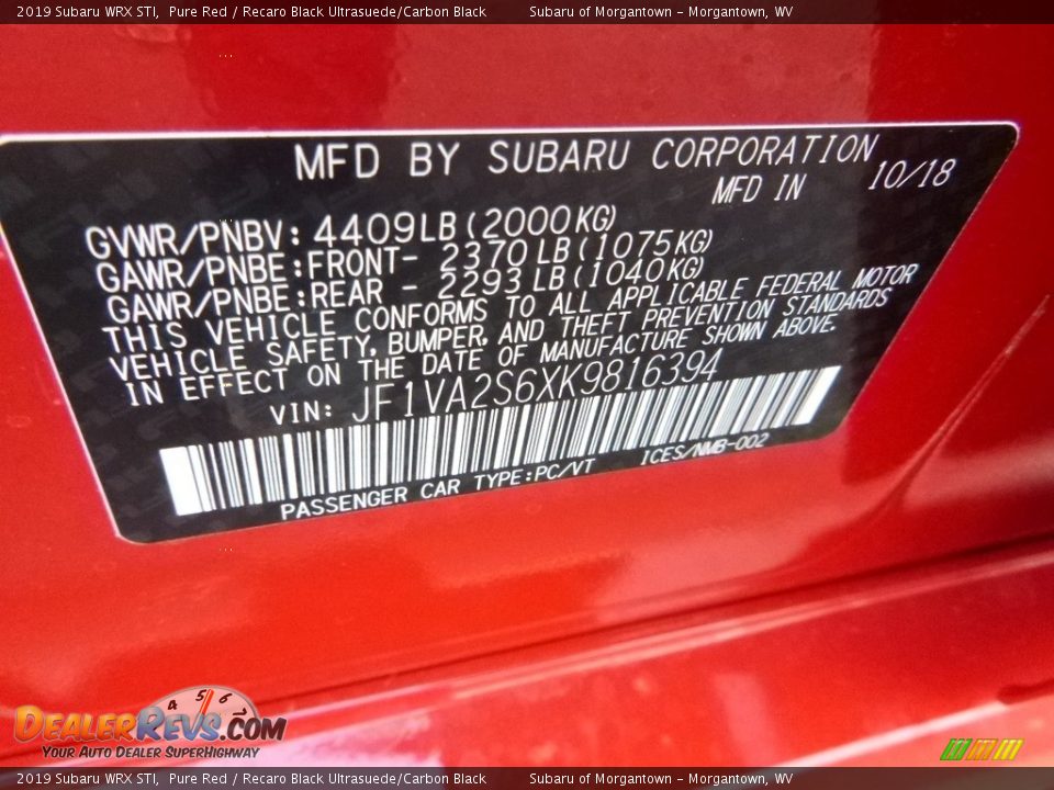 2019 Subaru WRX STI Pure Red / Recaro Black Ultrasuede/Carbon Black Photo #15