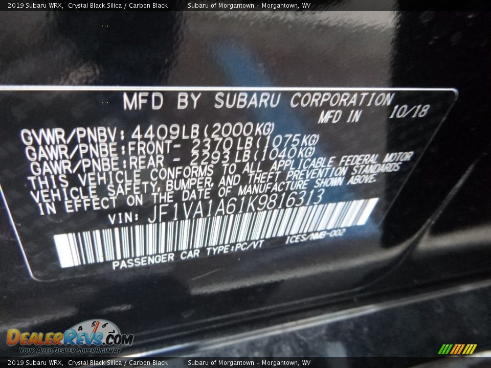 2019 Subaru WRX Crystal Black Silica / Carbon Black Photo #14