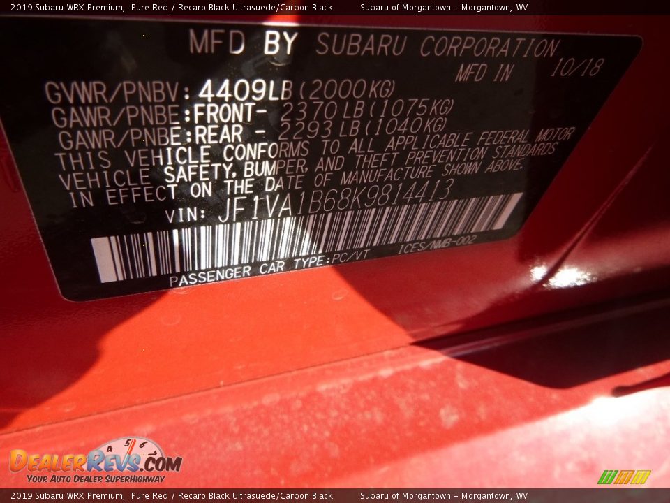 2019 Subaru WRX Premium Pure Red / Recaro Black Ultrasuede/Carbon Black Photo #13