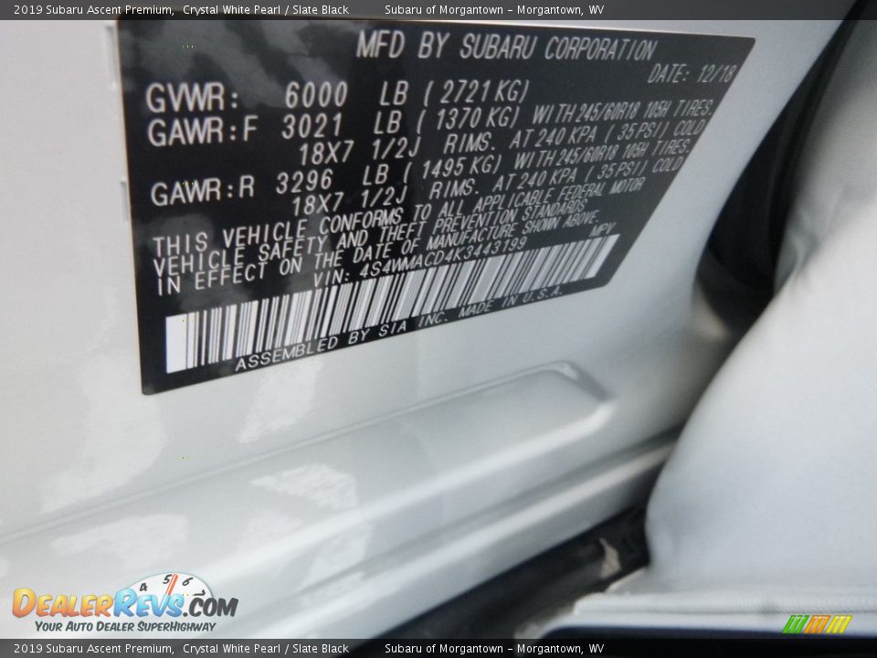 2019 Subaru Ascent Premium Crystal White Pearl / Slate Black Photo #16