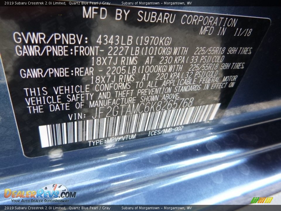 2019 Subaru Crosstrek 2.0i Limited Quartz Blue Pearl / Gray Photo #14