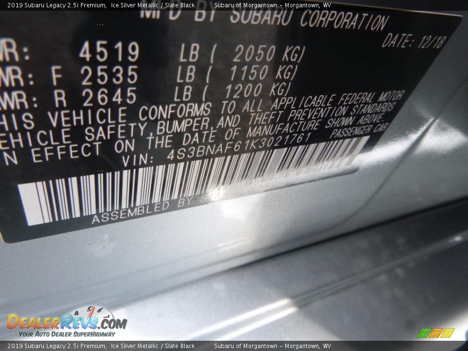 2019 Subaru Legacy 2.5i Premium Ice Silver Metallic / Slate Black Photo #13