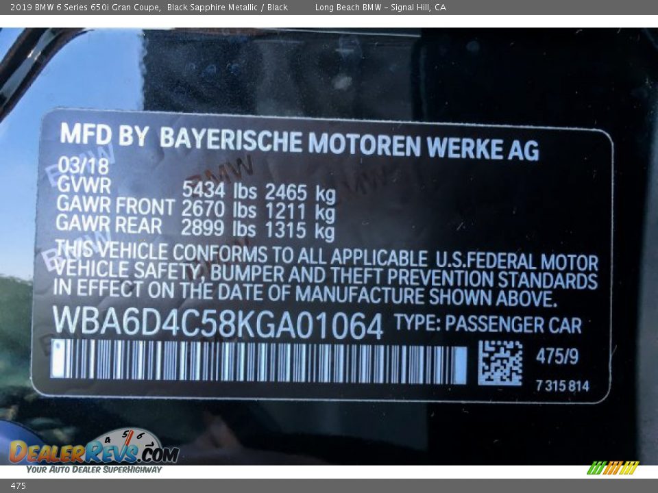 BMW Color Code 475 Black Sapphire Metallic