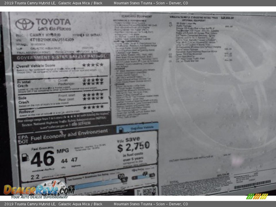 2019 Toyota Camry Hybrid LE Galactic Aqua Mica / Black Photo #36