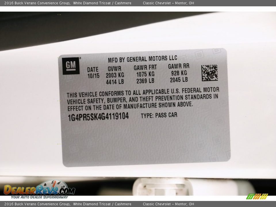 2016 Buick Verano Convenience Group White Diamond Tricoat / Cashmere Photo #21