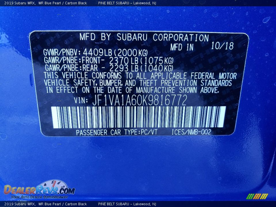 2019 Subaru WRX WR Blue Pearl / Carbon Black Photo #9