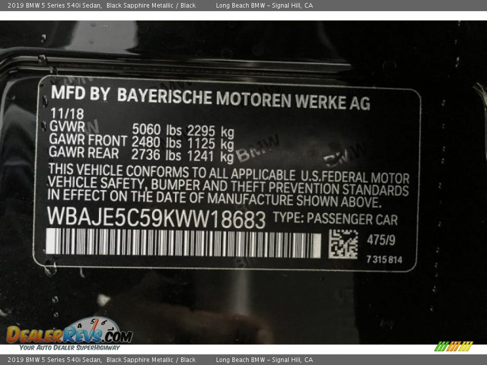 2019 BMW 5 Series 540i Sedan Black Sapphire Metallic / Black Photo #10