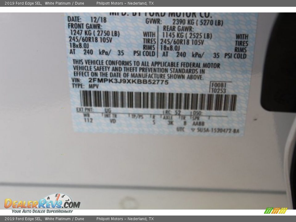 2019 Ford Edge SEL White Platinum / Dune Photo #24