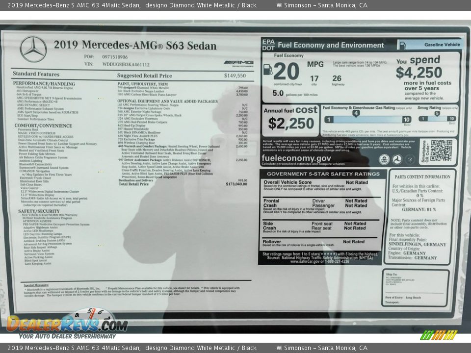 2019 Mercedes-Benz S AMG 63 4Matic Sedan Window Sticker Photo #21