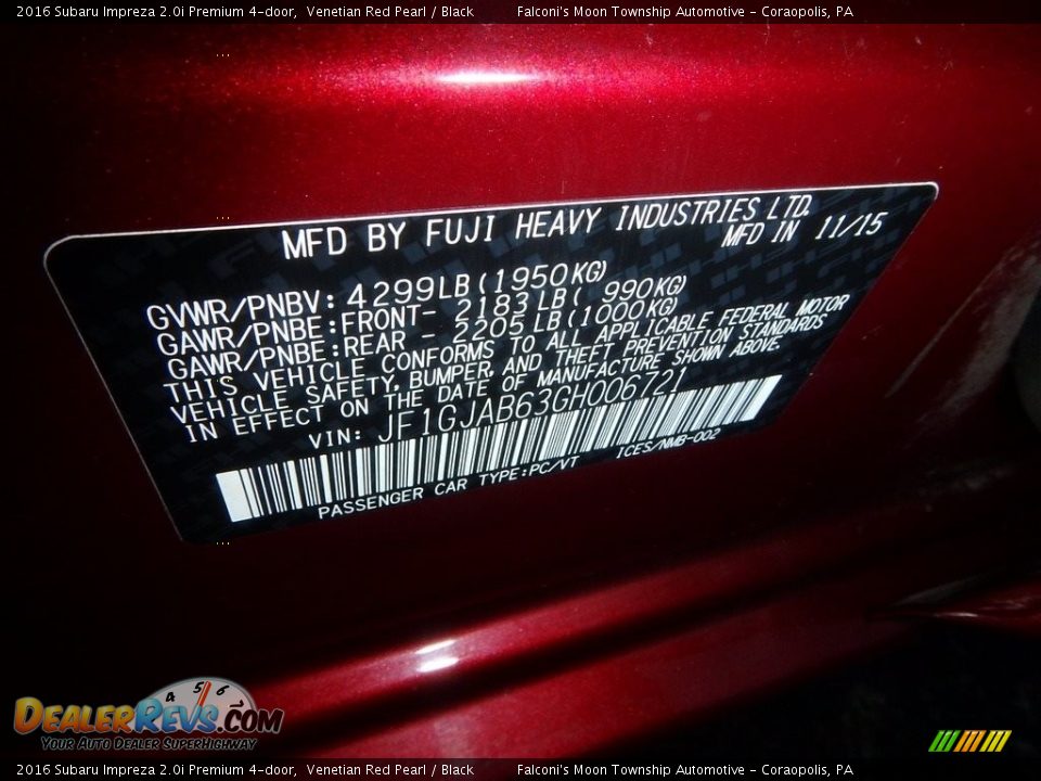 2016 Subaru Impreza 2.0i Premium 4-door Venetian Red Pearl / Black Photo #23