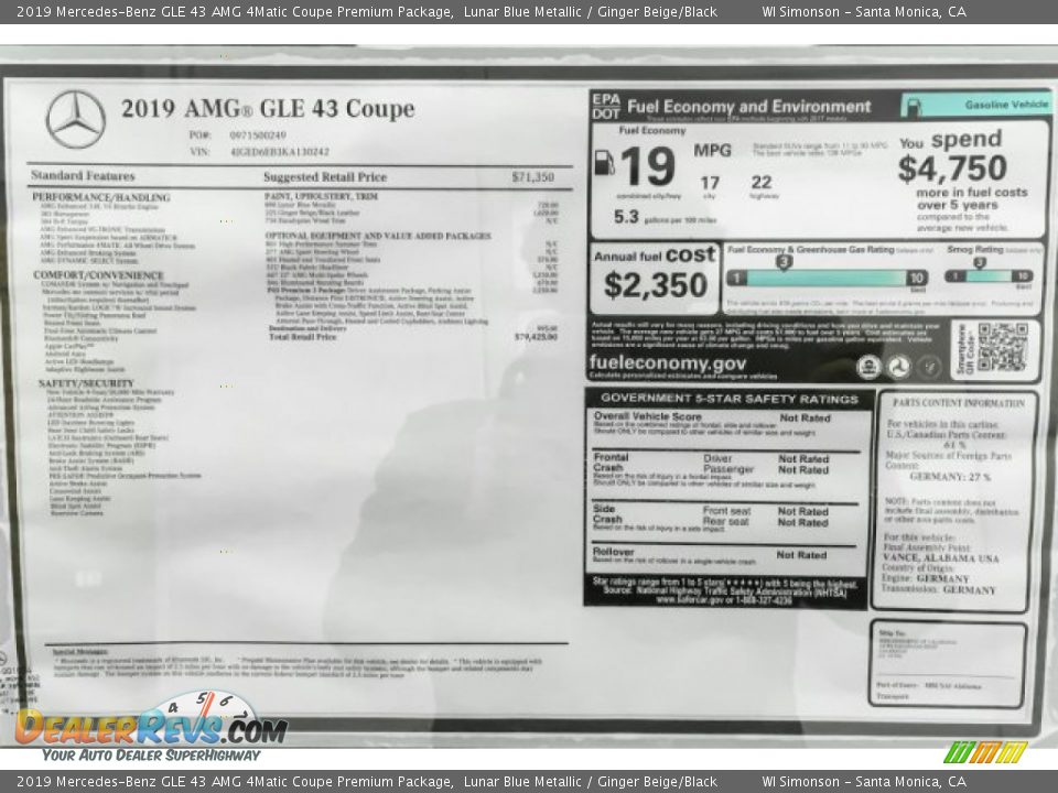 2019 Mercedes-Benz GLE 43 AMG 4Matic Coupe Premium Package Window Sticker Photo #10