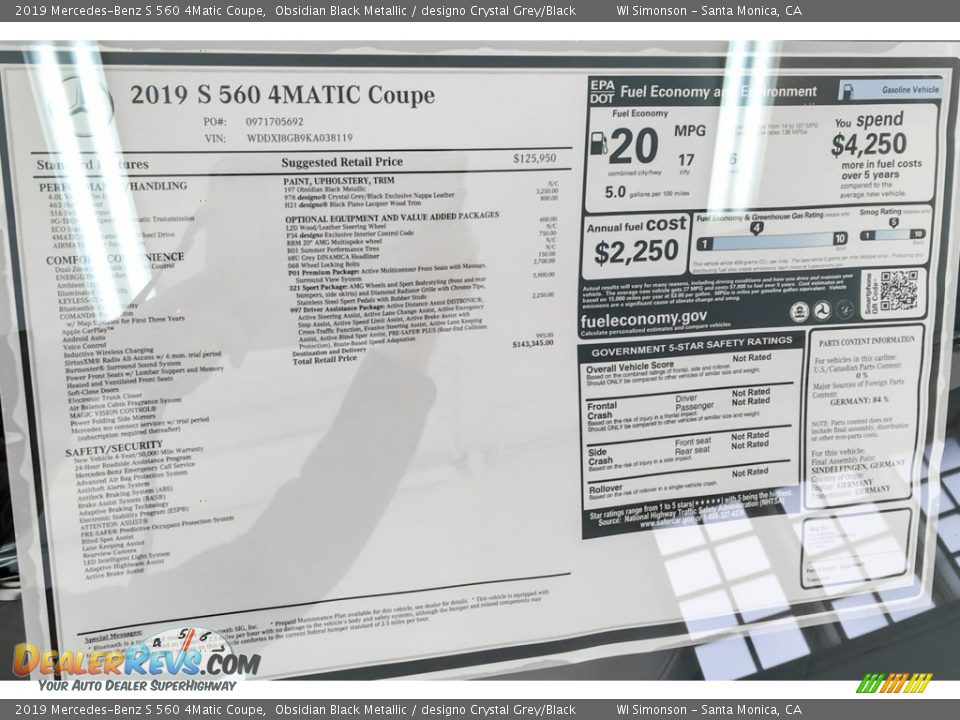 2019 Mercedes-Benz S 560 4Matic Coupe Window Sticker Photo #10