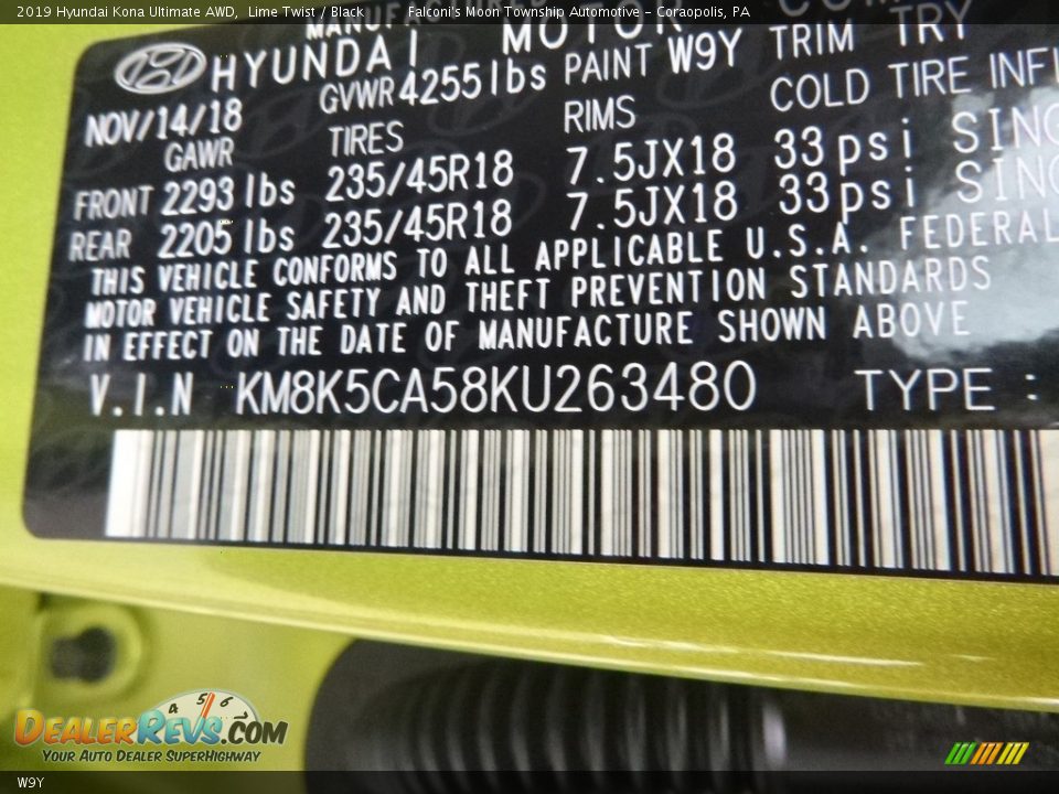 Hyundai Color Code W9Y Lime Twist