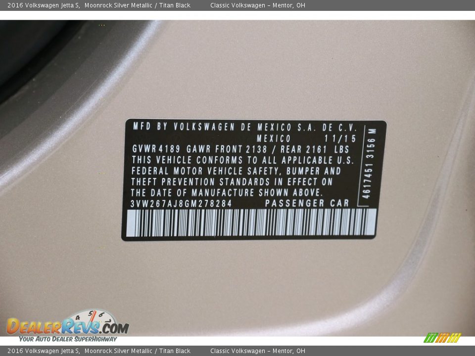 2016 Volkswagen Jetta S Moonrock Silver Metallic / Titan Black Photo #17