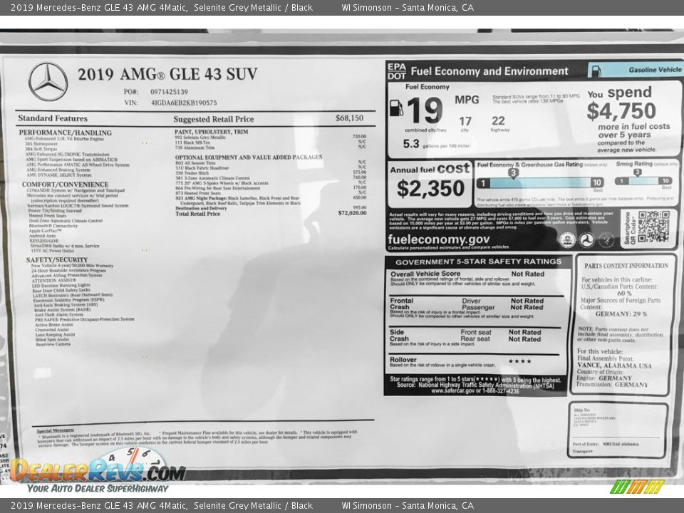 2019 Mercedes-Benz GLE 43 AMG 4Matic Window Sticker Photo #10